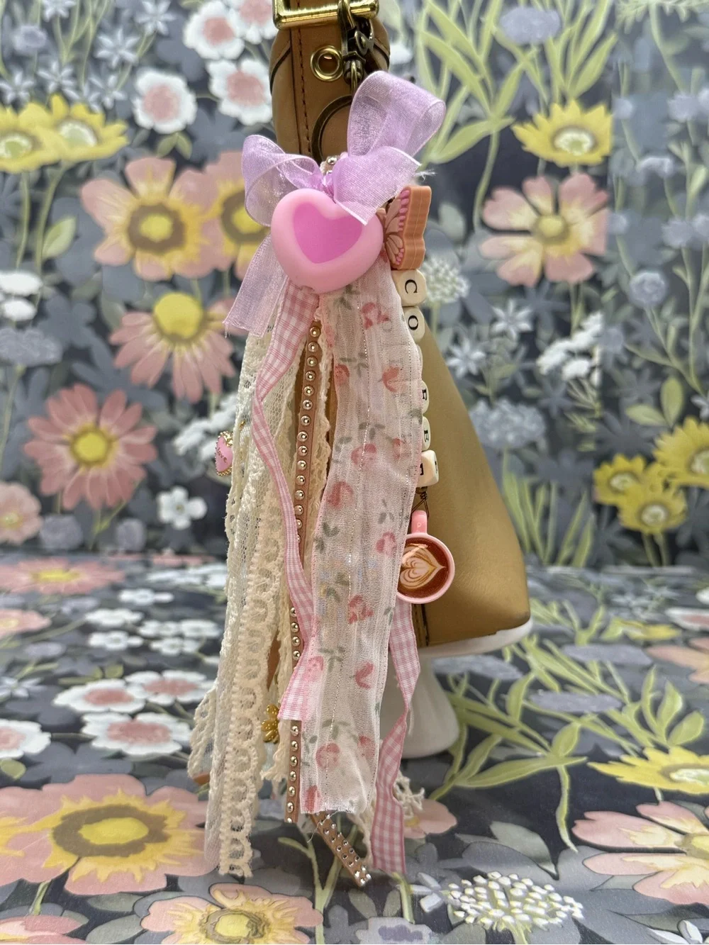 👑Adorned Crown Jewelry purse bag charm keychain coffee fabric tassel